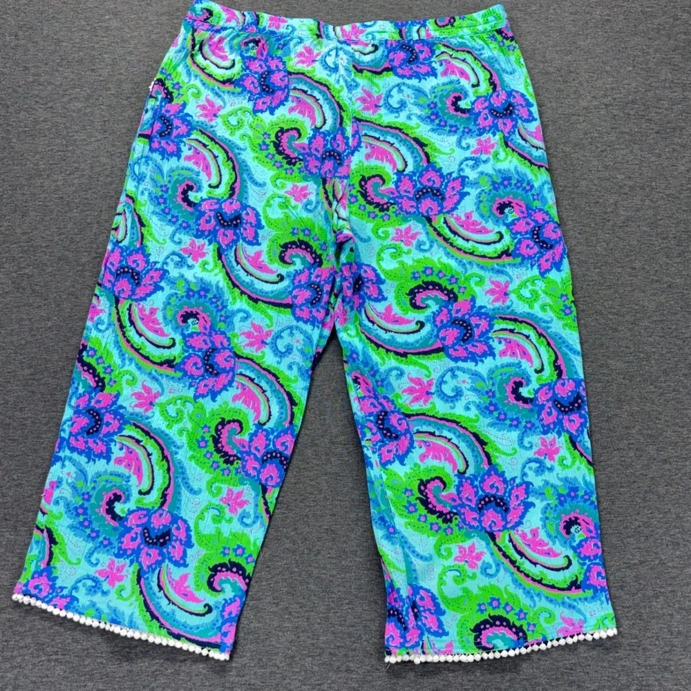 Talbots Pants Womens XL Aqua Paisley Capri Drawstring Tassel Pom Hem 100% Cotton - Picture 8 of 12